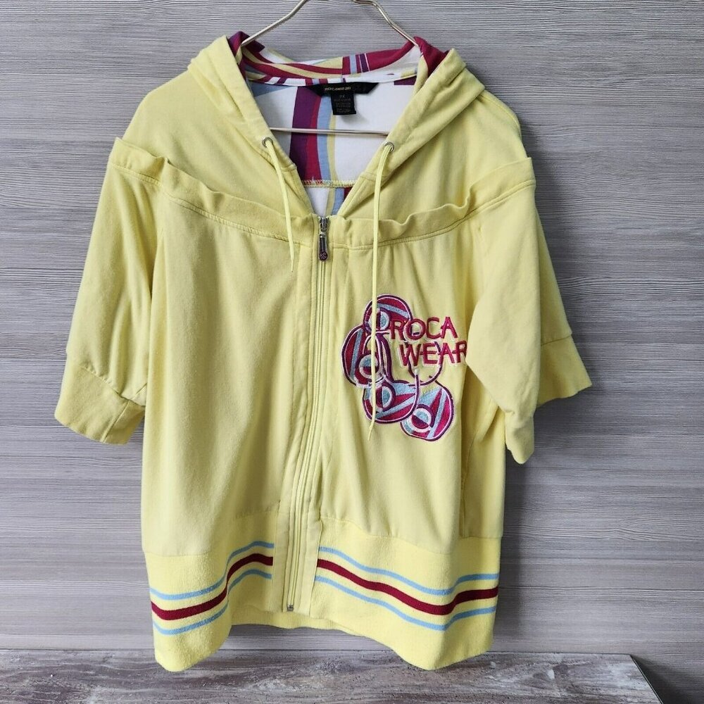 Rocawear Sweatshirt Vintage 90s Women 2X Plus Sequin Yellow Hood Zip 3/4 Sleeve